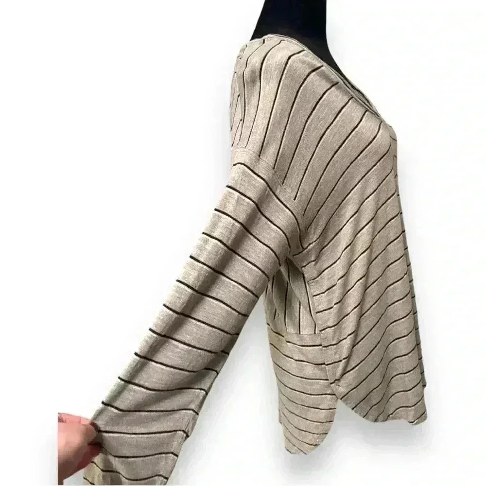 Madewell Long Sleeve Stripe Pattern V-neck Beige Relaxed Fit High-Low Anthem Tee - Picture 5 of 16